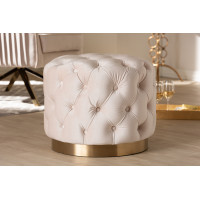 Baxton Studio TSFOT030-Light Beige/Gold-Otto Valeria Glam Light Beige Velvet Fabric Upholstered Gold-Finished Button Tufted Ottoman